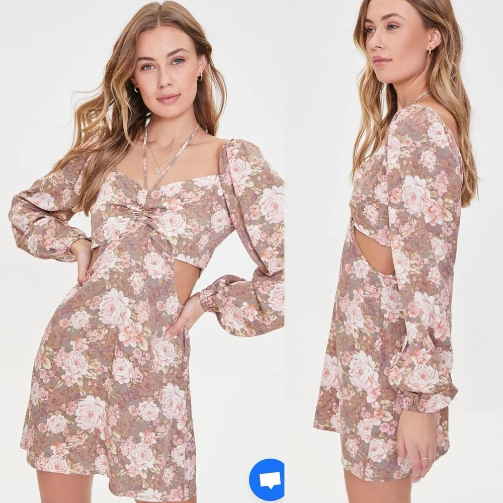 Forever 21 Brown Floral Cut Out Puff Long Sleeve Tie Neck Mini Dress - Picture 3 of 15